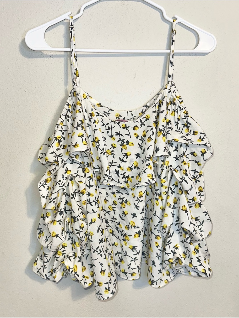 Alythea White Floral Ruffle Spaghetti Strap Top